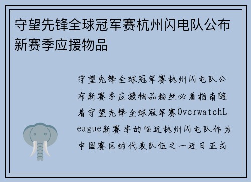 守望先锋全球冠军赛杭州闪电队公布新赛季应援物品