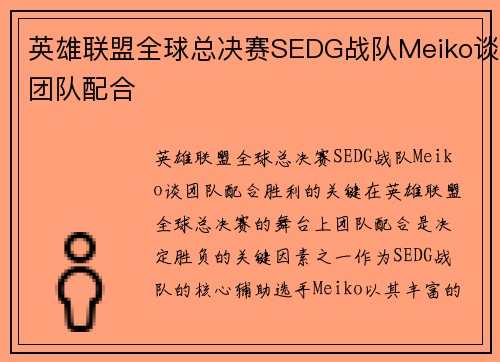 英雄联盟全球总决赛SEDG战队Meiko谈团队配合